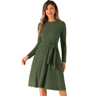 Unique Bargains Women's Long Sleeve Knitted Dress Ribbed Crew Neck Tie Waist Bodycon Slim Fit Midi Sweater Dresses Dark Green XS Unique Bargains Women's Long Sleeve Knitted Dress Ribbed Crew Neck Tie Waist Bodycon Slim Fit Midi Sweater Dresses Dark Green XS