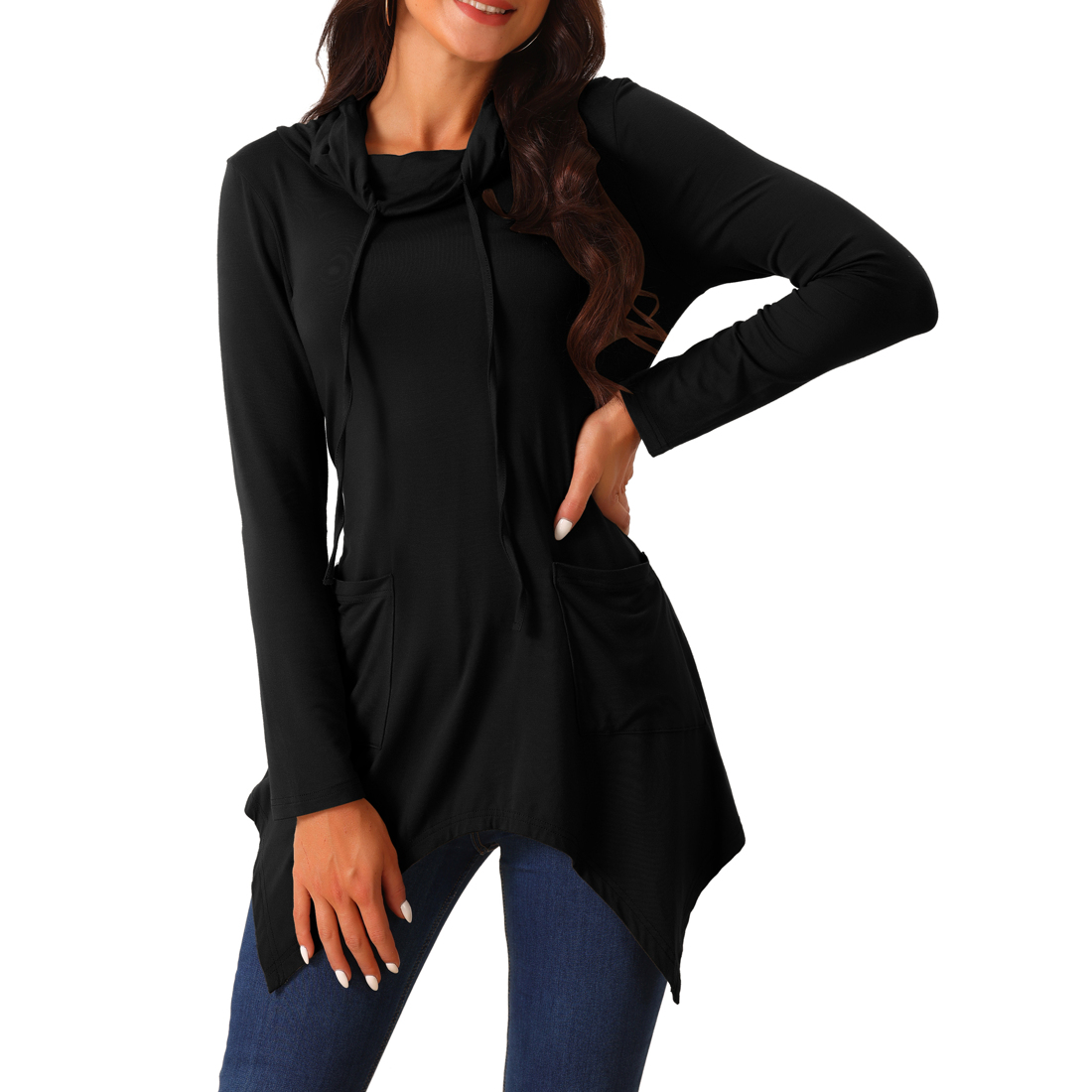 Unique Bargains Women's Long Sleeve Cowl Neck Asymmetrical Hem