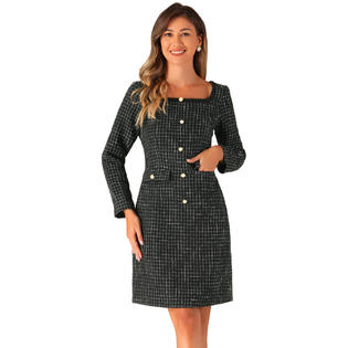 Unique Bargains Tweed Dress for Women's Square Neck Long Sleeve Elegant Cocktail Plaid Dress Black XS Unique Bargains Tweed Dress for Women's Square Neck Long Sleeve Elegant Cocktail Plaid Dress Black XS