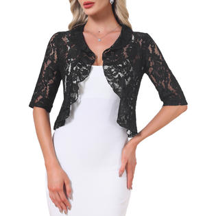 Unique Bargains Lace Cardigan for Women's Evening Wedding 3/4 Sleeve Ruffle Hem Elegant Shrug Unique Bargains Lace Cardigan for Women's Evening Wedding 3/4 Sleeve Ruffle Hem Elegant Shrug