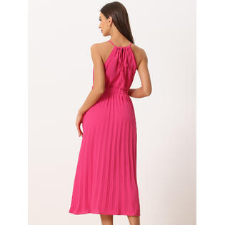 Unique Bargains Women's Sleeveless Halter Neck Belted A-Line Cocktail Pleated Dress Unique Bargains Women's Sleeveless Halter Neck Belted A-Line Cocktail Pleated Dress
