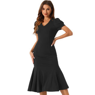 Unique Bargains V-Neck Dress for Women's Puff Sleeve Elegant Mermaid Midi Dress Unique Bargains V-Neck Dress for Women's Puff Sleeve Elegant Mermaid Midi Dress