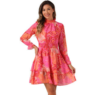 Unique Bargains Women's Floral Dress Chiffon Mock Neck Layered Sheer Smock Waist Mini Dresses Hot Pink M Unique Bargains Women's Floral Dress Chiffon Mock Neck Layered Sheer Smock Waist Mini Dresses Hot Pink M