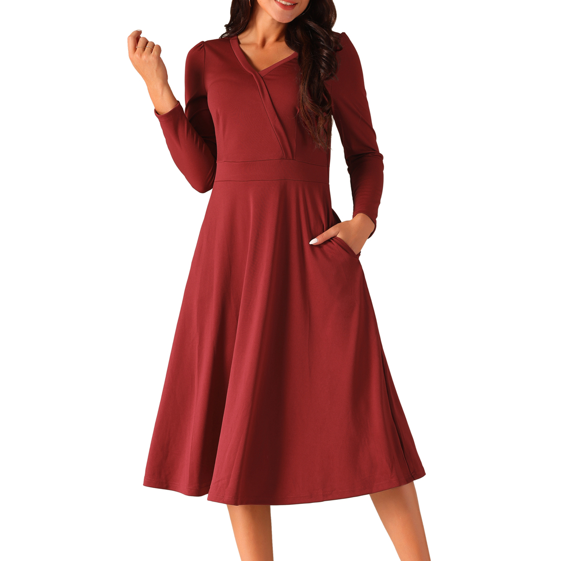 Unique Bargains Women's Fall Faux Wrap V Neck Puff Long Sleeve Midi Swing  Dress with Pockets Wine Red M
