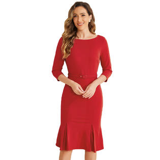 Unique Bargains Business Elegant Dresses for Women's Boat Neck 3/4 Sleeve Pleated Modest Midi Dress Red XS Unique Bargains Business Elegant Dresses for Women's Boat Neck 3/4 Sleeve Pleated Modest Midi Dress Red XS