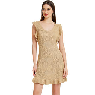 Unique Bargains Women's Casual Round Neck Midi Ruffled Knit Dress Khaki S Unique Bargains Women's Casual Round Neck Midi Ruffled Knit Dress Khaki S