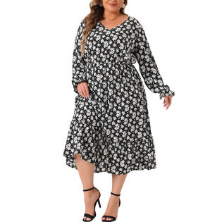 Unique Bargains Plus Size Dress for Women Boho Floral Print V Neck Long Sleeve Ruffle Hem Long Dresses Black 3X Unique Bargains Plus Size Dress for Women Boho Floral Print V Neck Long Sleeve Ruffle Hem Long Dresses Black 3X