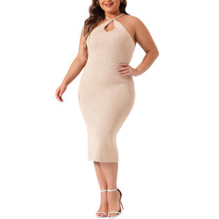 Unique Bargains Plus Size Sweater Dress for Women Twist Front Halter Neck Ribbed Sleeveless Bodycon Midi Dresses Light Pink 3X Unique Bargains Plus Size Sweater Dress for Women Twist Front Halter Neck Ribbed Sleeveless Bodycon Midi Dresses Light Pink 3X