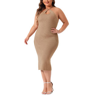 Unique Bargains Plus Size Sweater Dress for Women Twist Front Halter Neck Ribbed Sleeveless Bodycon Midi Dresses Khaki 1X Unique Bargains Plus Size Sweater Dress for Women Twist Front Halter Neck Ribbed Sleeveless Bodycon Midi Dresses Khaki 1X