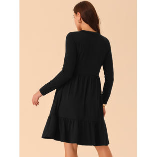 Unique Bargains Women's Casual Babydoll Dress with Pockets Long Sleeve Round Neck Tiered A Line Flowy Dress Unique Bargains Women's Casual Babydoll Dress with Pockets Long Sleeve Round Neck Tiered A Line Flowy Dress