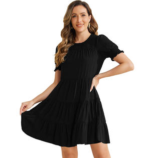 Unique Bargains Boho Smocked Dress for Women's Round Neck Short Puff Sleeve Tiered Dresses Black S Unique Bargains Boho Smocked Dress for Women's Round Neck Short Puff Sleeve Tiered Dresses Black S