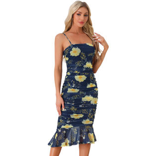 Unique Bargains Women's Spaghetti Strap Bodycon Dress Floral Print Mesh Sleeveless Ruched Party Club Midi Dresses Blue S Unique Bargains Women's Spaghetti Strap Bodycon Dress Floral Print Mesh Sleeveless Ruched Party Club Midi Dresses Blue S