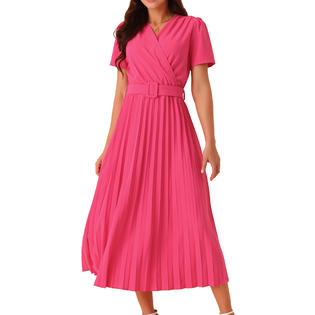 Inspire Chic Women's 2024 Casual Short Sleeve Wrap V Neck Flowy Pleated Midi Dress with Belt Inspire Chic Women's 2024 Casual Short Sleeve Wrap V Neck Flowy Pleated Midi Dress with Belt