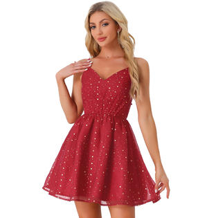 Inspire Chic Party Metallic Stars Mini Dresses for Women's Spaghetti Strap Organza Fit and Flare Dress S Burgundy, Size: Small, Red Inspire Chic Party Metallic Stars Mini Dresses for Women's Spaghetti Strap Organza Fit and Flare Dress S Burgundy, Size: Small, Red