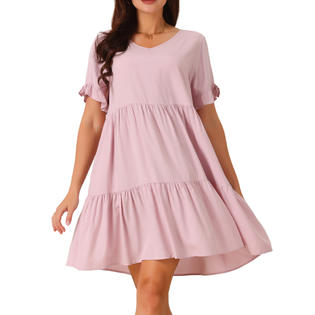 Unique Bargains Women's Casual V Neck Babydoll Dress with Pockets Ruffle Short Sleeve Tiered A-Line Flowy Beach Dress Pink S Unique Bargains Women's Casual V Neck Babydoll Dress with Pockets Ruffle Short Sleeve Tiered A-Line Flowy Beach Dress Pink S
