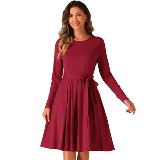 Inspire Chic Knee Length Dress for Women Ruffle A Line Waist Strap Crew Neck Casual Dresses Long Sleeve Dress Inspire Chic Knee Length Dress for Women Ruffle A Line Waist Strap Crew Neck Casual Dresses Long Sleeve Dress