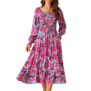 Unique Bargains Women's Casual Floral Long Sleeve Square Neck Smocked Ruffle Hem Flowy Midi Dress with Pockets Unique Bargains Women's Casual Floral Long Sleeve Square Neck Smocked Ruffle Hem Flowy Midi Dress with Pockets
