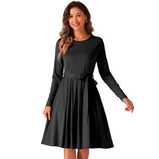 Unique Bargains Allegra K Long Sleeve Dress for Women a Line Ruffle Waist Strap Crew Neck Casual Dresses Knee Length Dress Black XS Unique Bargains Allegra K Long Sleeve Dress for Women a Line Ruffle Waist Strap Crew Neck Casual Dresses Knee Length Dress Black XS