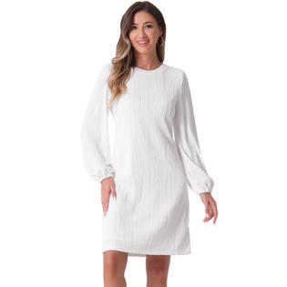 Unique Bargains Elegant Long Sleeve Dress for Women's Lantern Sleeve Wedding Guest Crew Neck Solid Midi Dresses Unique Bargains Elegant Long Sleeve Dress for Women's Lantern Sleeve Wedding Guest Crew Neck Solid Midi Dresses