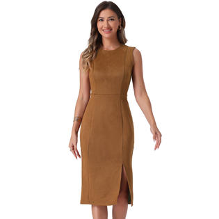 Unique Bargains Faux Suede Dresses for Women's Sleeveless Crewneck Split Hem Work Sheath Dress Unique Bargains Faux Suede Dresses for Women's Sleeveless Crewneck Split Hem Work Sheath Dress