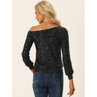 Unique Bargains Off Shoulder Sequins Tops for Women's Long Sleeves