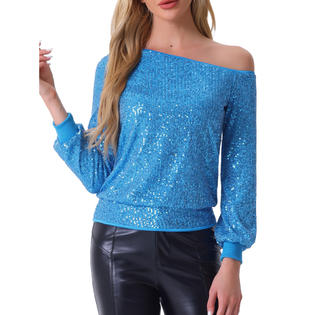 Unique Bargains Off Shoulder Sequins Tops for Women's Long