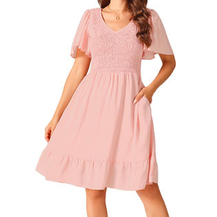 Unique Bargains Women's Flowy Chiffon Dresses Summer Smocked V Neck Flutter Short Sleeve Ruffle Casual Mini Dress Unique Bargains Women's Flowy Chiffon Dresses Summer Smocked V Neck Flutter Short Sleeve Ruffle Casual Mini Dress