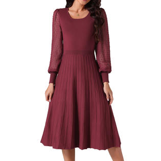 Unique Bargains Women's Mesh Puff Long Sleeve Dress Crewneck Pleated Ribbed Knit Midi Dress Casual Sweater Dresses Unique Bargains Women's Mesh Puff Long Sleeve Dress Crewneck Pleated Ribbed Knit Midi Dress Casual Sweater Dresses