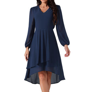 Unique Bargains Women's Chiffon V Neck Long Sleeve Pleated Dresses Asymmetric Hem Midi Wedding Guest Dress Blue S Unique Bargains Women's Chiffon V Neck Long Sleeve Pleated Dresses Asymmetric Hem Midi Wedding Guest Dress Blue S