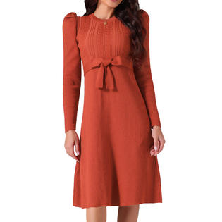 Unique Bargains Women's Puff Long Sleeve Sweater Dresses Crewneck Tie Waist A-Line Swing Casual Ribbed Knit Midi Dress Brick Red M Unique Bargains Women's Puff Long Sleeve Sweater Dresses Crewneck Tie Waist A-Line Swing Casual Ribbed Knit Midi Dress Brick Red M
