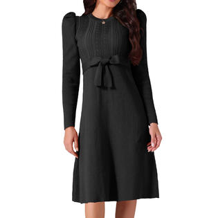 Inspire Chic Women's Puff Long Sleeve Sweater Dresses Crewneck Tie Waist A-Line Swing Casual Ribbed Knit Midi Dress L Black, Size: Large Inspire Chic Women's Puff Long Sleeve Sweater Dresses Crewneck Tie Waist A-Line Swing Casual Ribbed Knit Midi Dress L Black, Size: Large