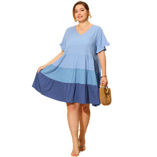 plus size babydoll dress Women's Mini Flutter Sleeve Flowy Shift Short Dress neckline keeps it fun and flattering Plus Size White Smocked Babydoll