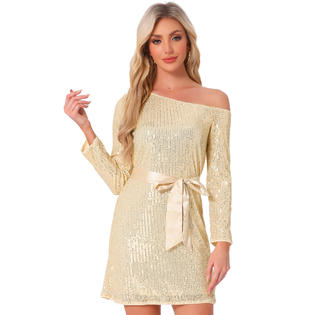 Inspire Chic Women's Sequin Dress Long Sleeve One Shoulder Sparkly Glitter Party Dress with Belt, Size: XL, Black Inspire Chic Women's Sequin Dress Long Sleeve One Shoulder Sparkly Glitter Party Dress with Belt, Size: XL, Black