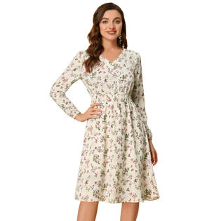 Unique Bargains Women's Floral Print Flowy V-Neck Midi Dress White Pink S Unique Bargains Women's Floral Print Flowy V-Neck Midi Dress White Pink S