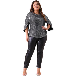 Unique Bargains Plus Size Tops for Women Glitter 3/4 Slit Sleeve