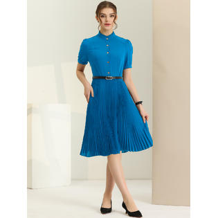 Unique Bargains Women's Half Placket Shirt Dress Short Sleeve Ruffle Stand Neck Pleated Midi Dresses with Unique Bargains Women's Half Placket Shirt Dress Short Sleeve Ruffle Stand Neck Pleated Midi Dresses with