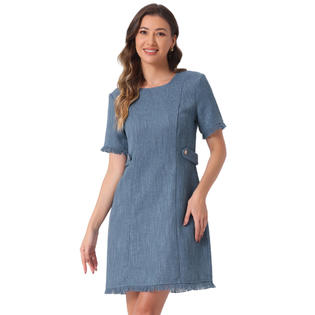 Inspire Chic Women's Tweed Dress Round Neck Short Sleeves Work Elegant Knee Length Dresses XS Blue Inspire Chic Women's Tweed Dress Round Neck Short Sleeves Work Elegant Knee Length Dresses XS Blue