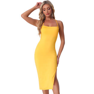 Inspire Chic Spaghetti Strap Dress for Women's Sleeveless Split Bodycon Cocktail Party Dress M Yellow, Size: Medium Inspire Chic Spaghetti Strap Dress for Women's Sleeveless Split Bodycon Cocktail Party Dress M Yellow, Size: Medium