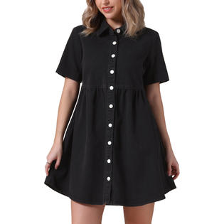 Unique Bargains Women's Denim Dress Babydoll Tiered Short Sleeve Button Down Jean Shirt Dresses Black XX-Large Unique Bargains Women's Denim Dress Babydoll Tiered Short Sleeve Button Down Jean Shirt Dresses Black XX-Large
