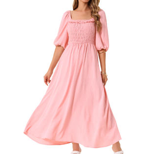 Unique Bargains Women's Summer Dresses Casual Puff Half Sleeve Square Neck Smocked Flowy Midi Dress with Pockets Pink XL Unique Bargains Women's Summer Dresses Casual Puff Half Sleeve Square Neck Smocked Flowy Midi Dress with Pockets Pink XL