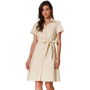 Unique Bargains Linen Cotton Dresses for Women's V Neck Short Sleeve Button Down Shirtdress Unique Bargains Linen Cotton Dresses for Women's V Neck Short Sleeve Button Down Shirtdress