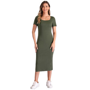 Unique Bargains Ribbed Knit Dress for Women's Short Sleeve Slit Bodycon Midi Dress Army Green XS Unique Bargains Ribbed Knit Dress for Women's Short Sleeve Slit Bodycon Midi Dress Army Green XS