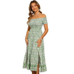 Unique Bargains Floral Dresses for Women's 2025 Off Shoulder Smock Midi Dress Green L Unique Bargains Floral Dresses for Women's 2025 Off Shoulder Smock Midi Dress Green L
