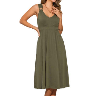 Unique Bargains Women's Summer V Neck Wide Strap Sleeveless A-Line Casual Midi Dress Army Green S Unique Bargains Women's Summer V Neck Wide Strap Sleeveless A-Line Casual Midi Dress Army Green S