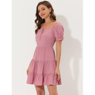 Unique Bargains Allegra K Women's Square Neck Smocked Back Tiered Flowy Dress Pink S Unique Bargains Allegra K Women's Square Neck Smocked Back Tiered Flowy Dress Pink S