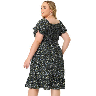 Unique Bargains Women's Plus Size Dress Flared Flowy Smock Ruffle Sleeve Floral Dresses Black 1X Unique Bargains Women's Plus Size Dress Flared Flowy Smock Ruffle Sleeve Floral Dresses Black 1X