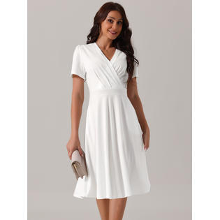 Unique Bargains Women's Summer Wrap V Neck Puff Short Sleeve Midi Swing Dress with Pockets White Unique Bargains Women's Summer Wrap V Neck Puff Short Sleeve Midi Swing Dress with Pockets White