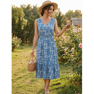 Unique Bargains Women's Summer Boho Beach Dresses V Neck Sleeveless Floral Flowy Tiered Midi Casual Sundress Unique Bargains Women's Summer Boho Beach Dresses V Neck Sleeveless Floral Flowy Tiered Midi Casual Sundress