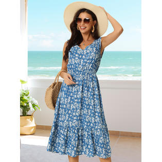 Unique Bargains Women's Summer Boho Beach Dresses V Neck Sleeveless Floral Flowy Tiered Midi Casual Sundress with Pockets Blue L Unique Bargains Women's Summer Boho Beach Dresses V Neck Sleeveless Floral Flowy Tiered Midi Casual Sundress with Pockets Blue L