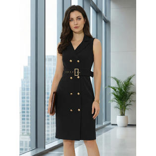 Unique Bargains Women's Sleeveless Notched Lapel Double Breasted Belted Work Office Dress Blazer Dresses Black XS Unique Bargains Women's Sleeveless Notched Lapel Double Breasted Belted Work Office Dress Blazer Dresses Black XS